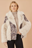 Yumi Cream Fur Biker Jacket With Leopard Print