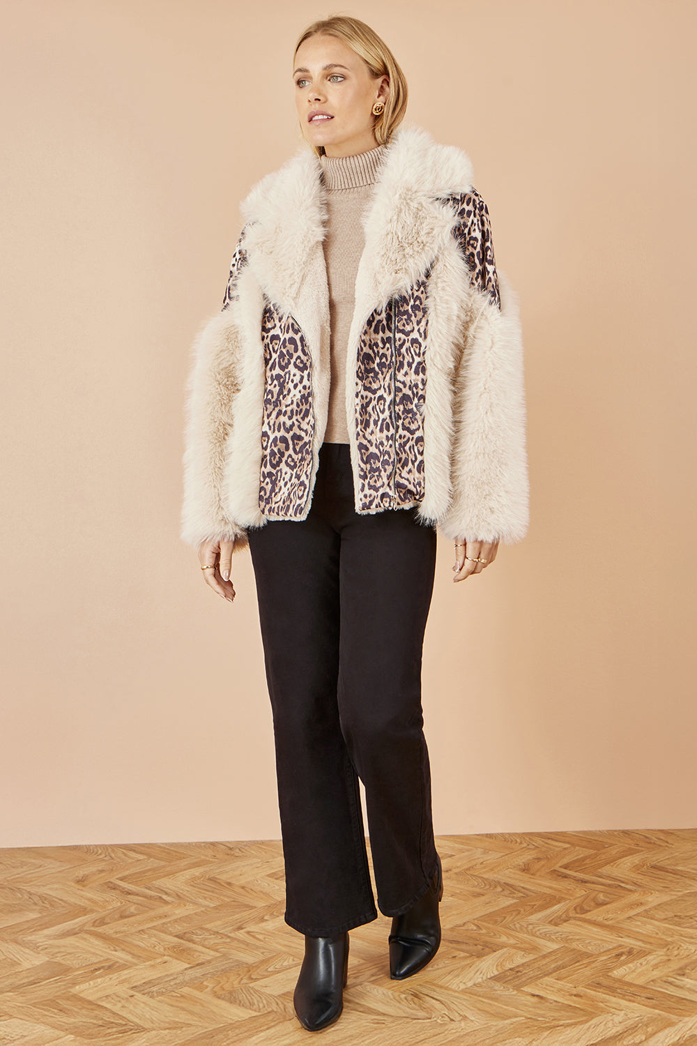 Yumi Cream Fur Biker Jacket With Leopard Print