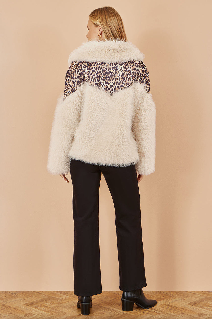 Yumi Cream Fur Biker Jacket With Leopard Print