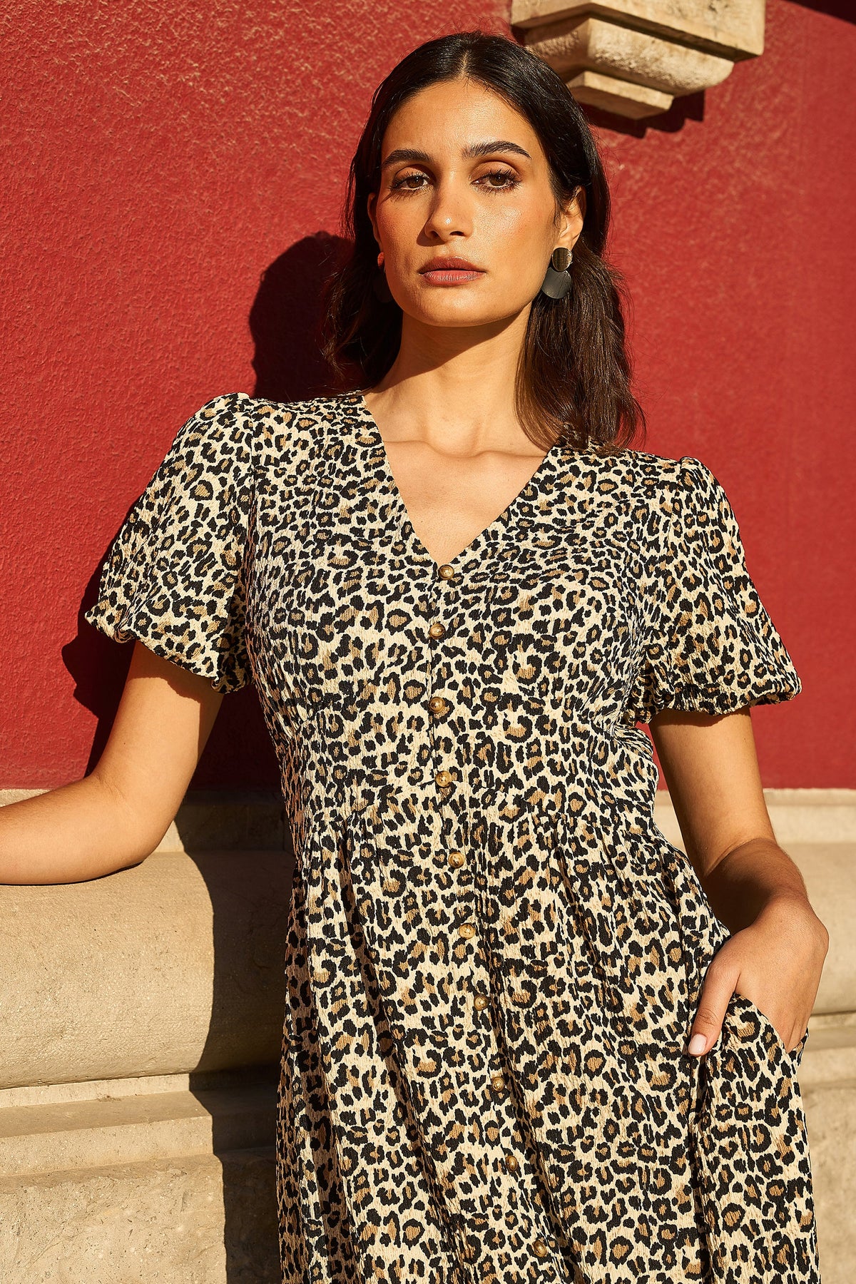 Yumi Brown Leopard Print Pleated Button Through Midi Dress