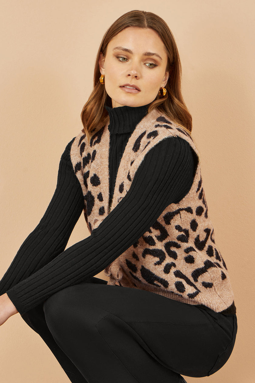 Yumi Beige Animal Print Intarsia Tie Front Waistcoat