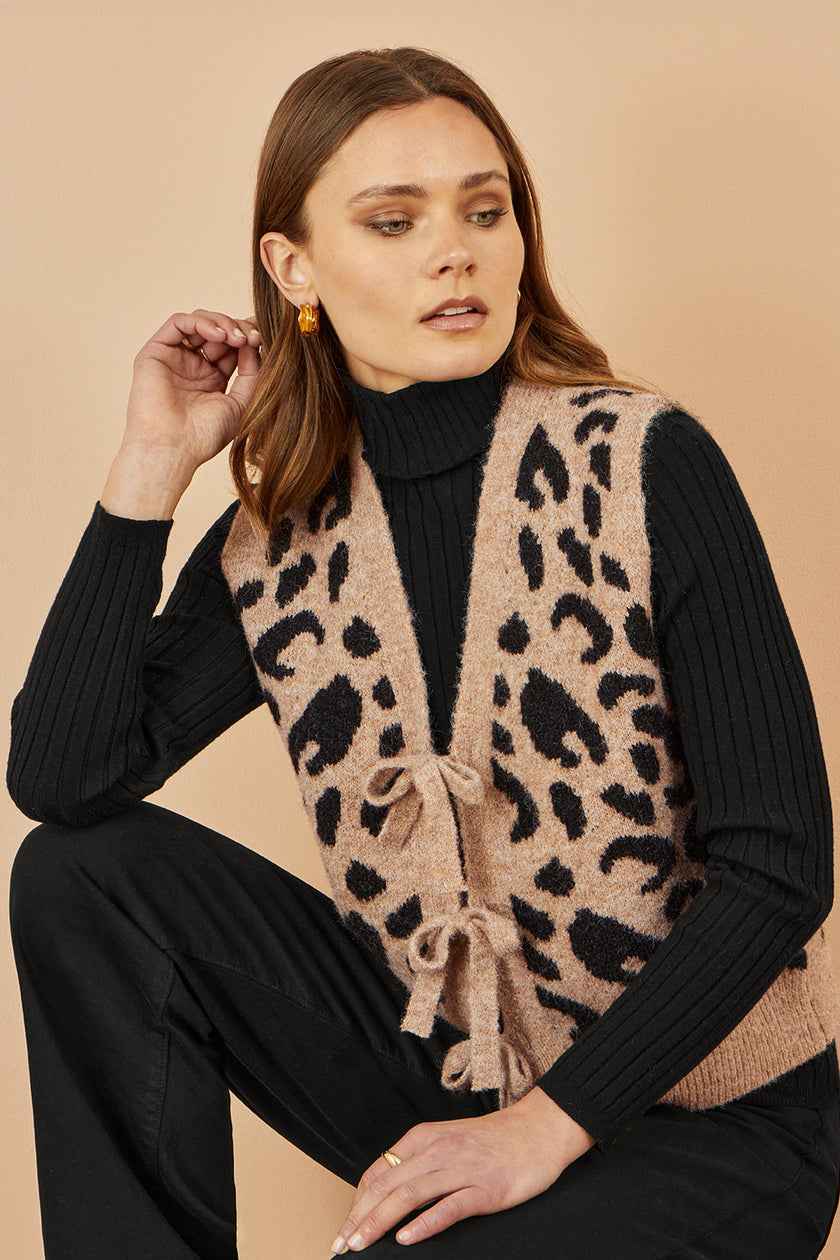 Yumi Beige Animal Print Intarsia Tie Front Waistcoat