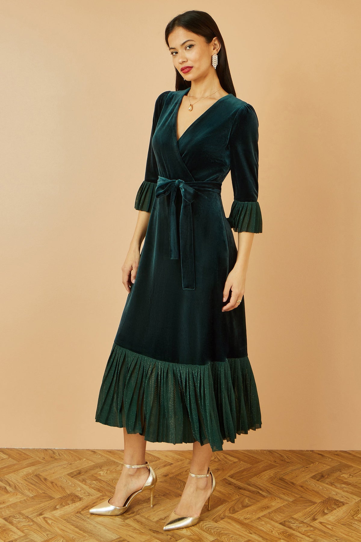 Yumi Green Velvet Wrap Midi Dress With Contrast Hemline