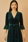 Yumi Green Velvet Wrap Midi Dress With Contrast Hemline