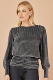 Yumi Black Metallic Stretch Ruched Hem Top