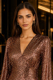 Yumi Copper Sequin Long Sleeve Midi Dress