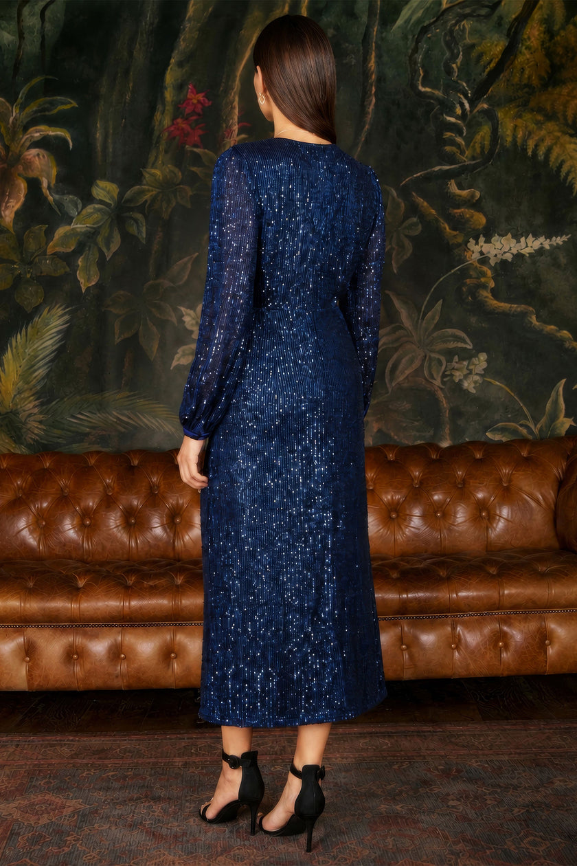 Yumi Navy Sequin Long Sleeve Midi Dress