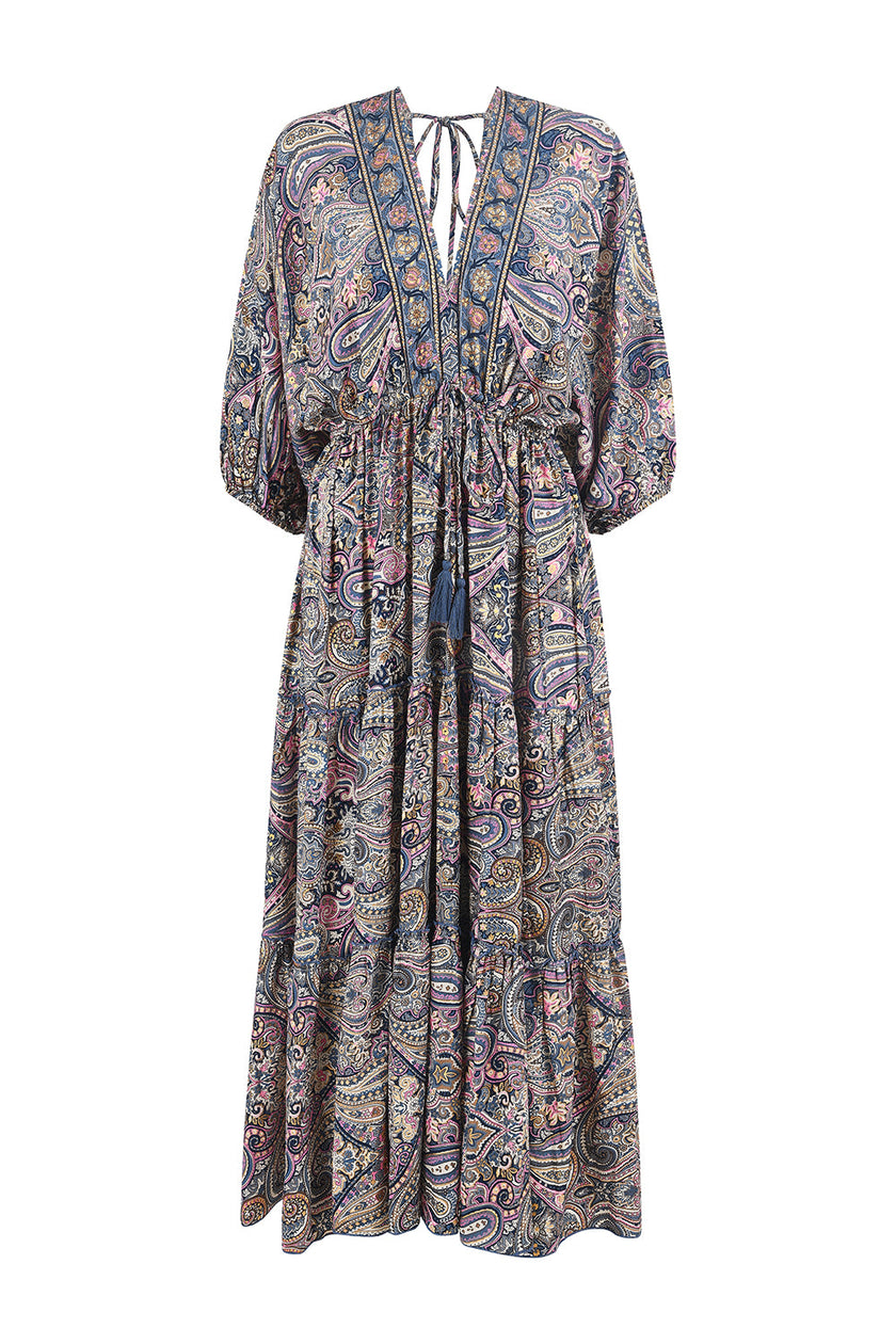 Yumi Multicolour Paisley Print Midi Kimono Dress With Tie Back