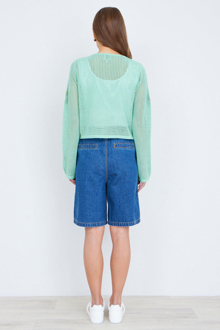 Yumi Mint Tie Front Cardigan With Flower Design