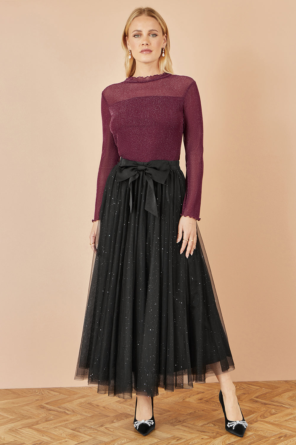 Yumi Black Sparkle Mesh Tulle Skirt With Satin Bow