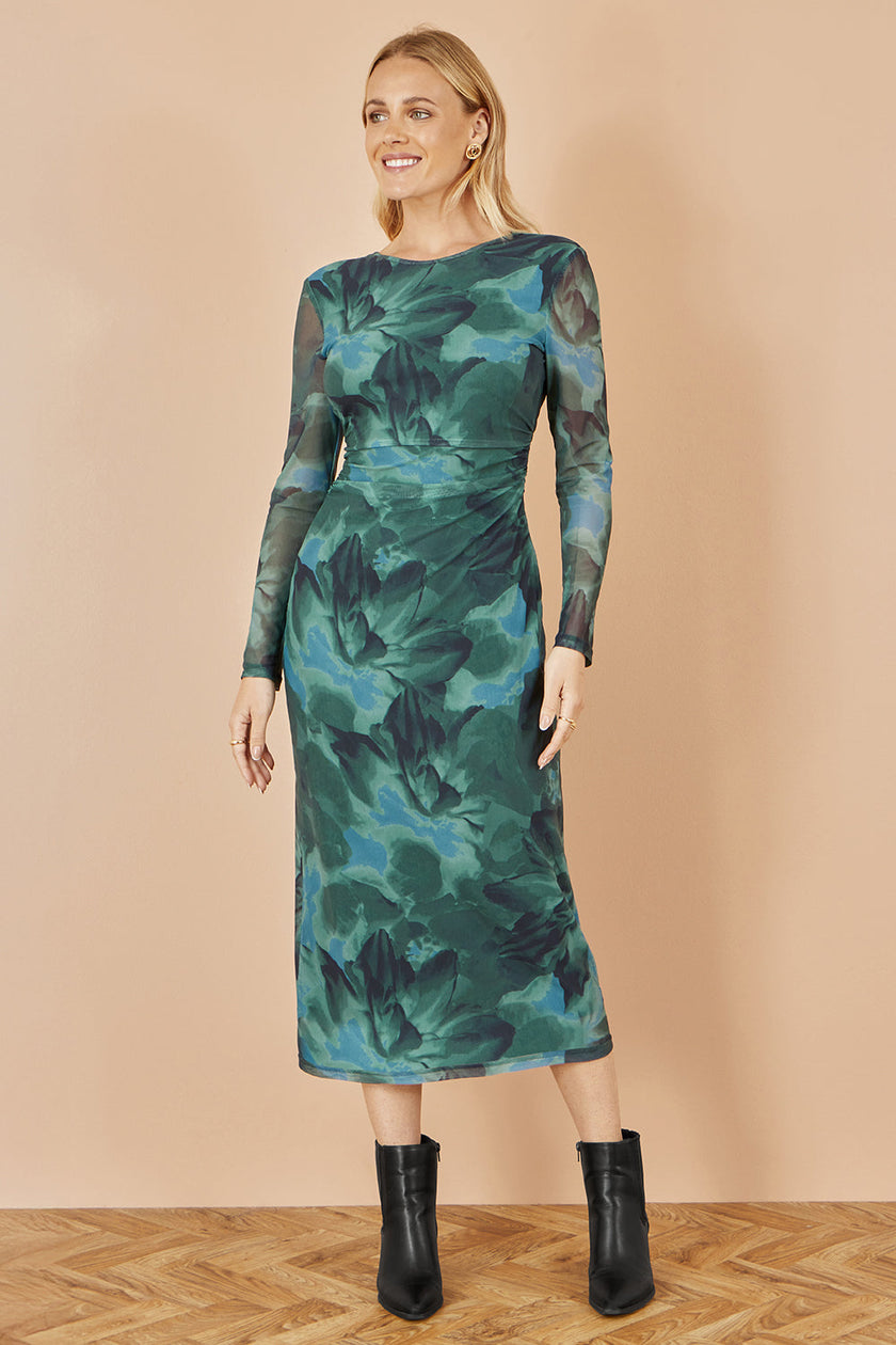 Yumi Green Floral Mesh Bodycon Dress With Tie Back