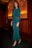 Yumi Green Mesh Fitted Ruched Midi Dress With Long Sleeves