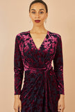 Yumi Burgundy Velour Stretch Midi Dress With Long Sleeves