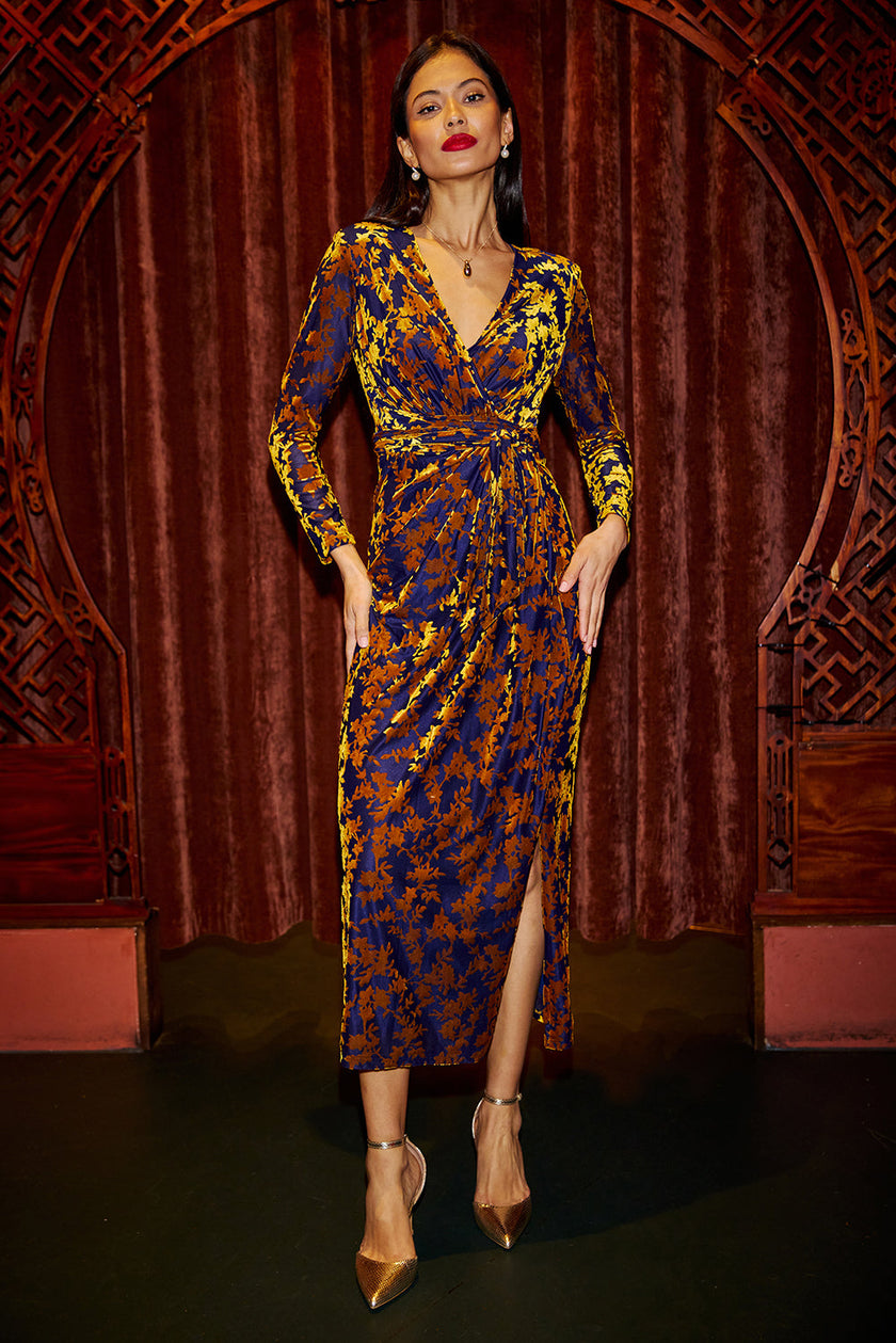 Yumi Navy Velour Stretch Midi Dress With Long Sleeves
