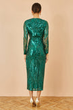 Yumi Green Sequin Midi Wrap Dress With Split Hemline And Long Sleeves