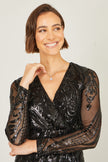 Yumi Black Sequin Midi Wrap Dress With Split Hemline And Long Sleeves