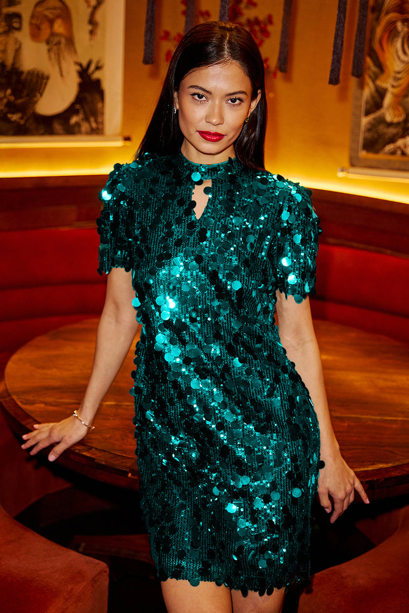 Yumi Green Big Sequin Tunic With Keyhole Neckline