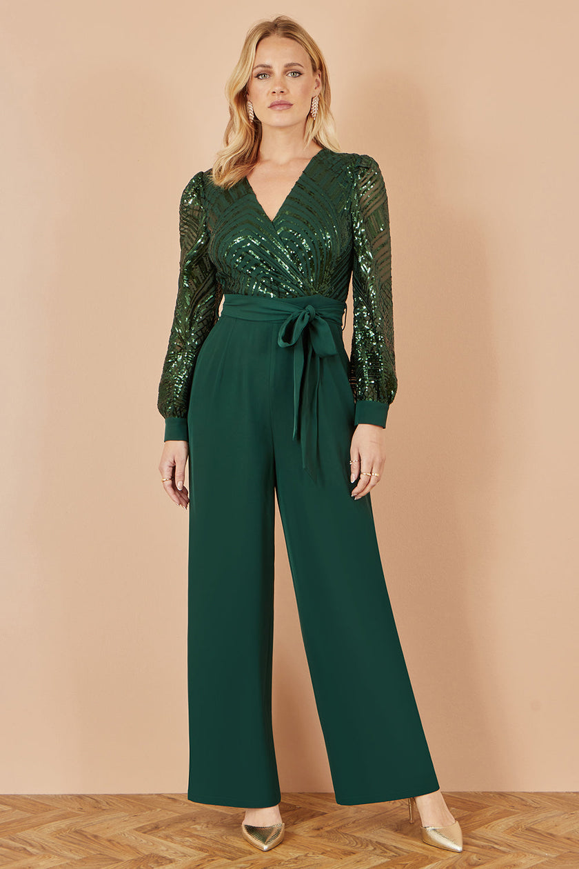 Yumi Green Sequin Wrap Over Jumpsuit