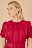 Yumi Red Satin Striped Midi Dress With Pleats and Matching Belt