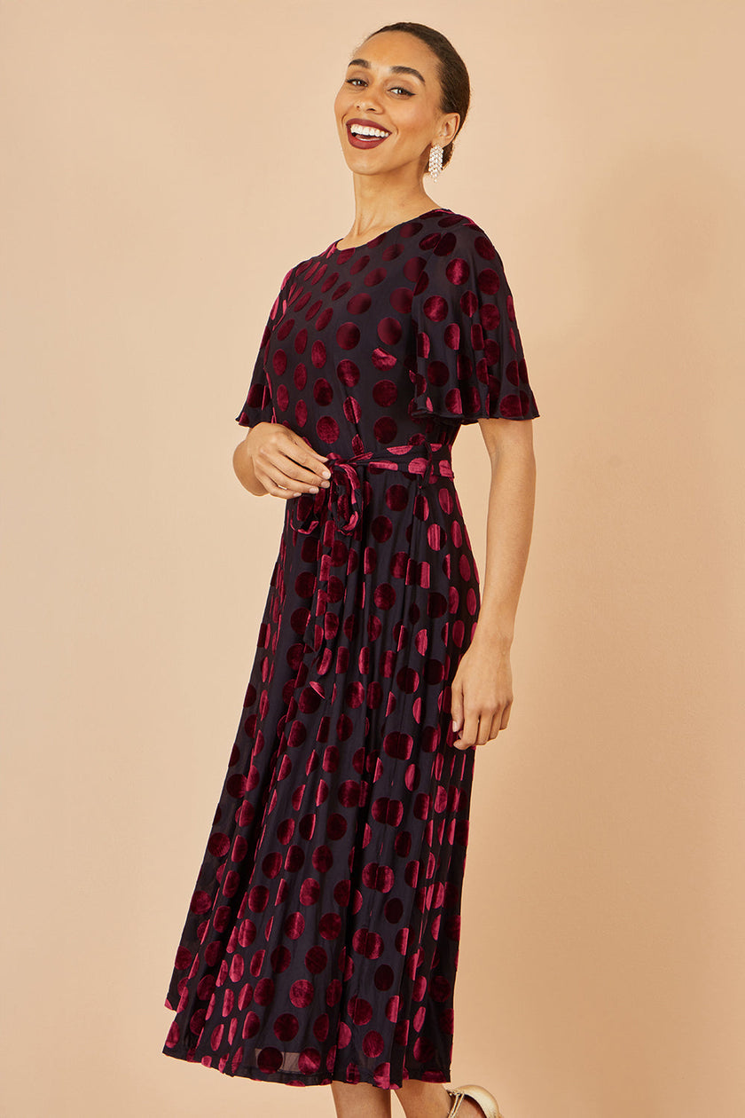 Yumi Burgundy Velour Spot Midi Skater Dress