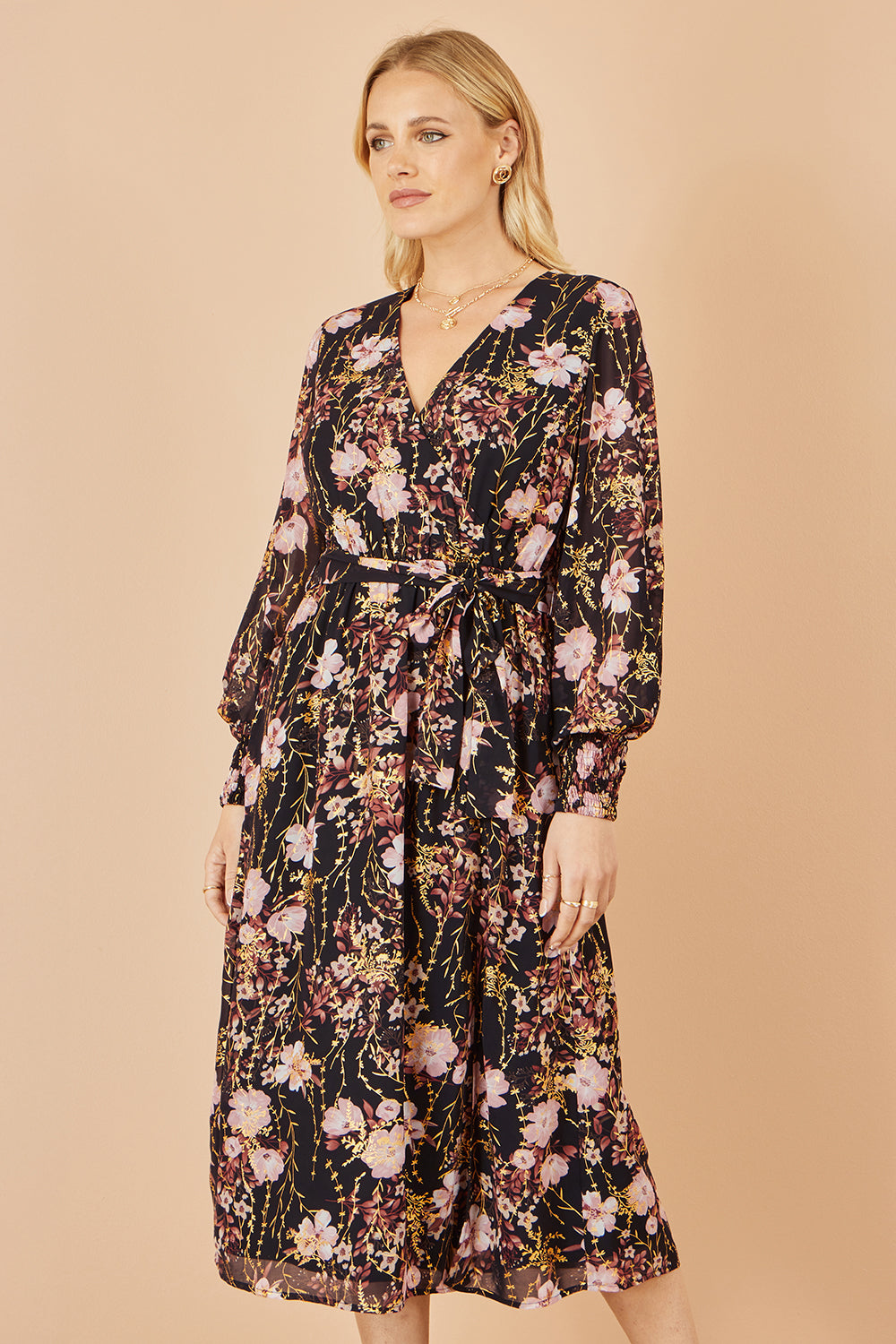 Yumi Black Foiled Floral Print Wrap Midi Dress
