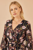 Yumi Black Foiled Floral Print Wrap Midi Dress