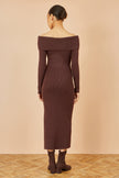 Yumi Brown Bardot Knitted Fitted Midi Dress