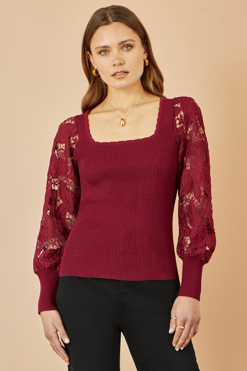 Yumi Burgundy Ribbed Knitted Top With Lace Sleeves