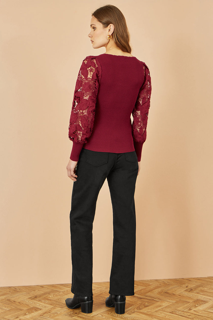 Yumi Burgundy Ribbed Knitted Top With Lace Sleeves