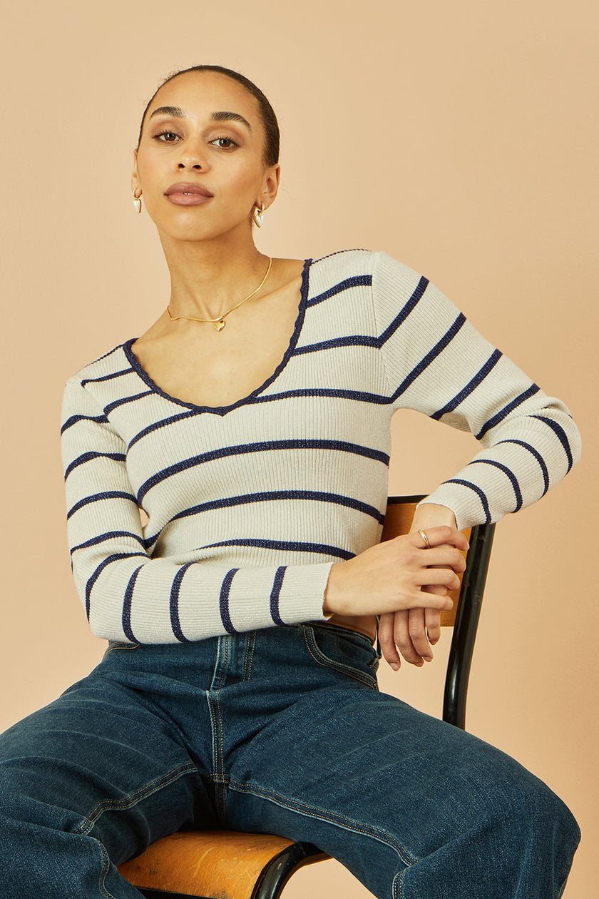 Yumi White Metallic Stripe Knitted Ribbed Top