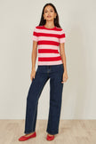 Yumi Red Block Stripe Knitted Top With Button Details