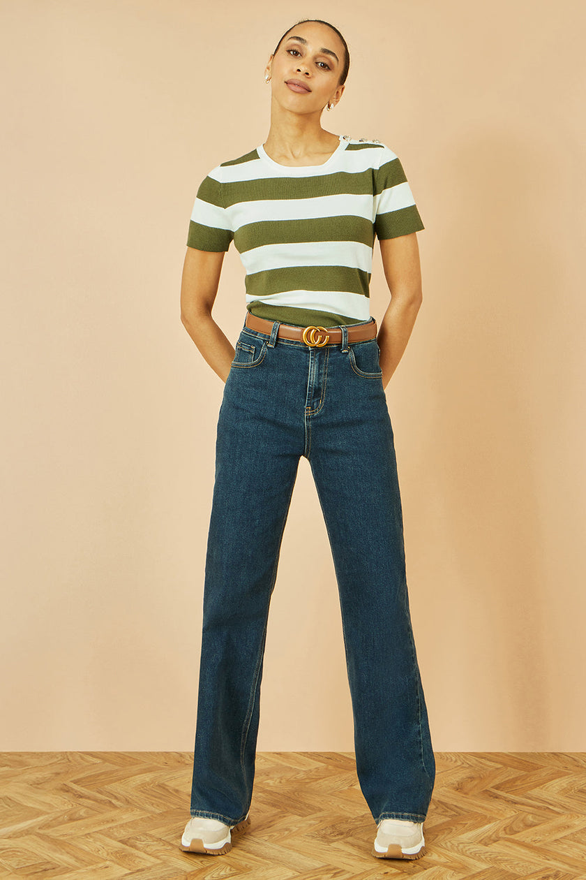 Yumi Green Block Stripe Knitted Top With Button Details