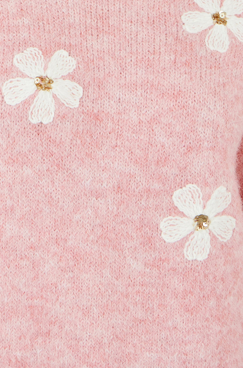 Yumi Pink Relaxed Jumper With Crochet Flowers