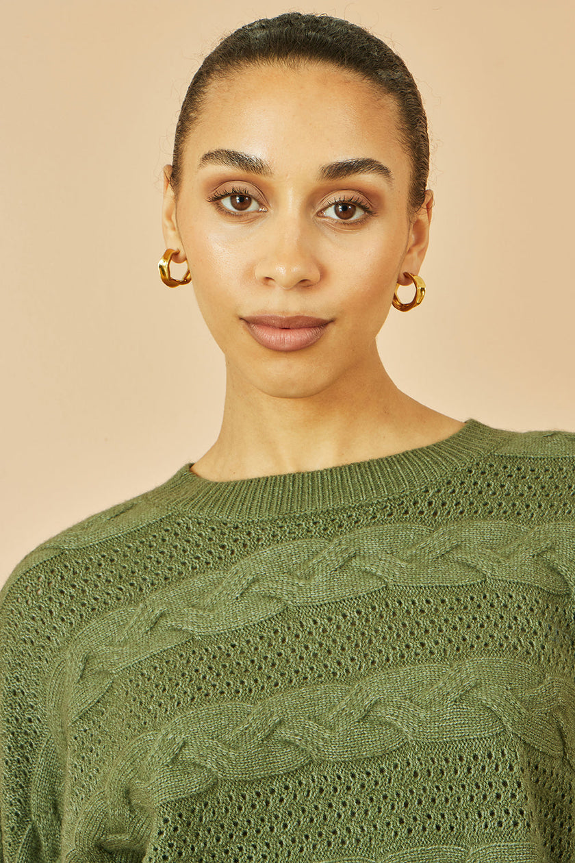 Yumi Green Cable Knit Relaxed Fit Jumper