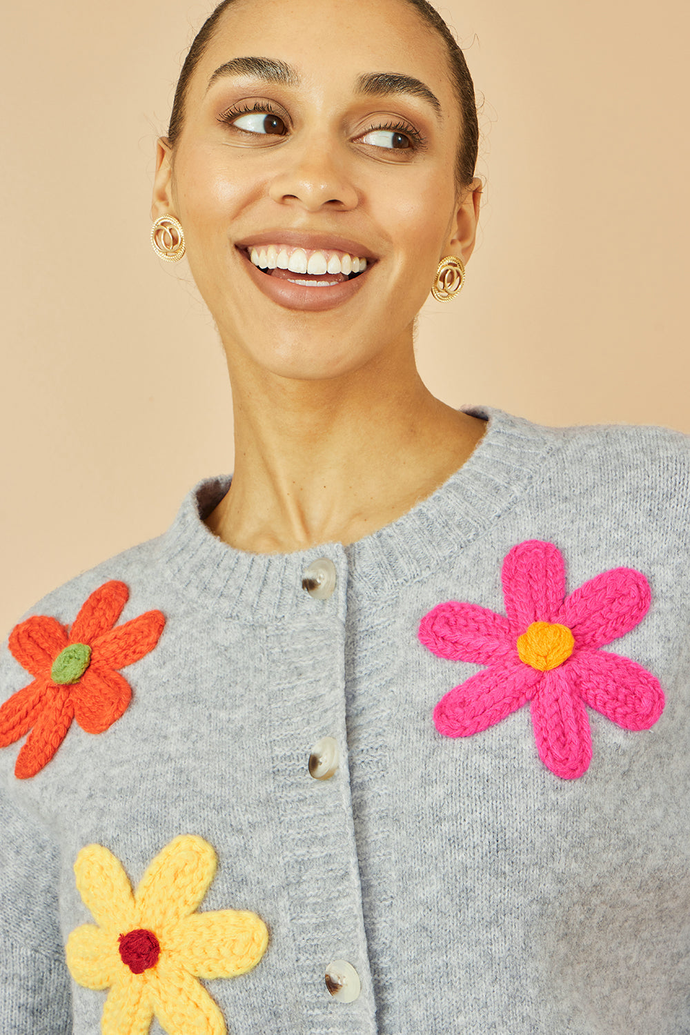Yumi Grey Knitted Flower Applique Cardigan