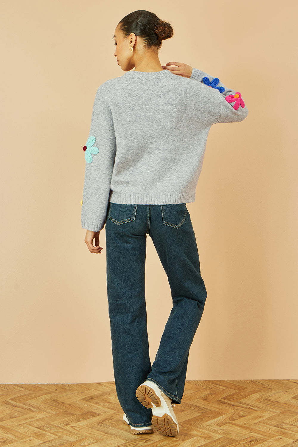 Yumi Grey Knitted Flower Applique Cardigan