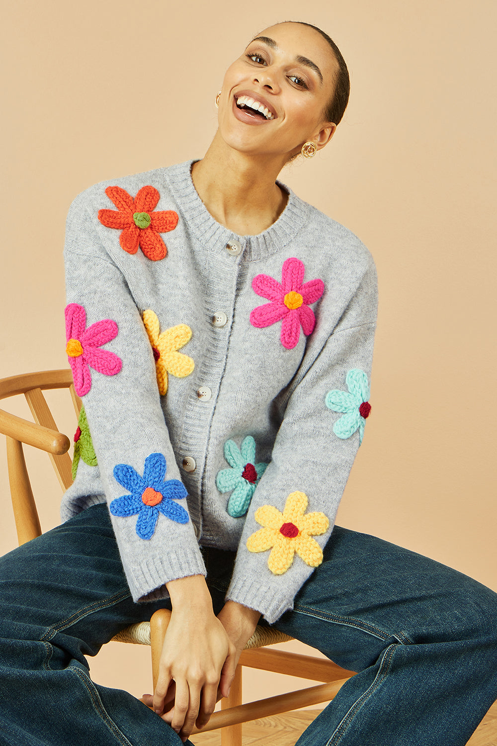 Yumi Grey Knitted Flower Applique Cardigan