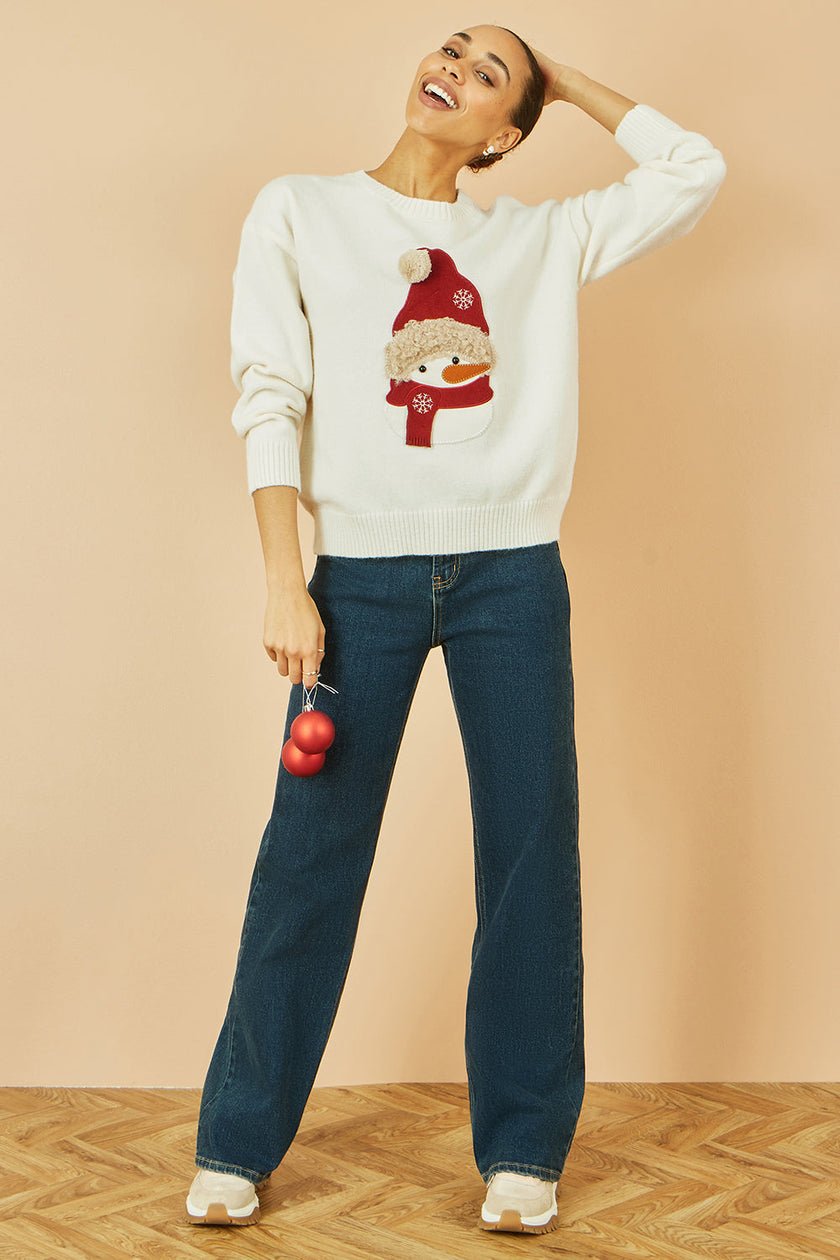 Yumi White Christmas Jumper With Applique Snowman