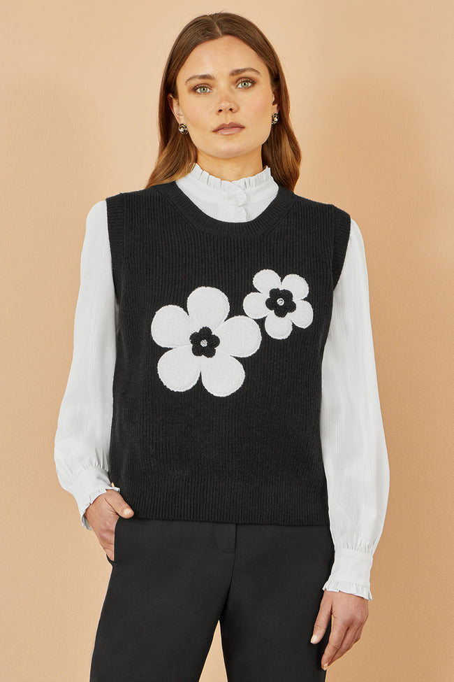 Yumi Black Flower Knitted Sleeveless Jumper Vest