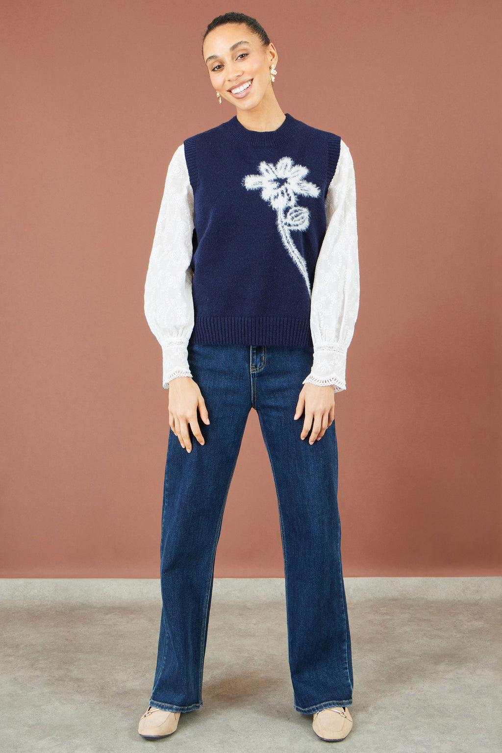 Yumi Navy Knitted Flower Sleeveless Jumper Vest