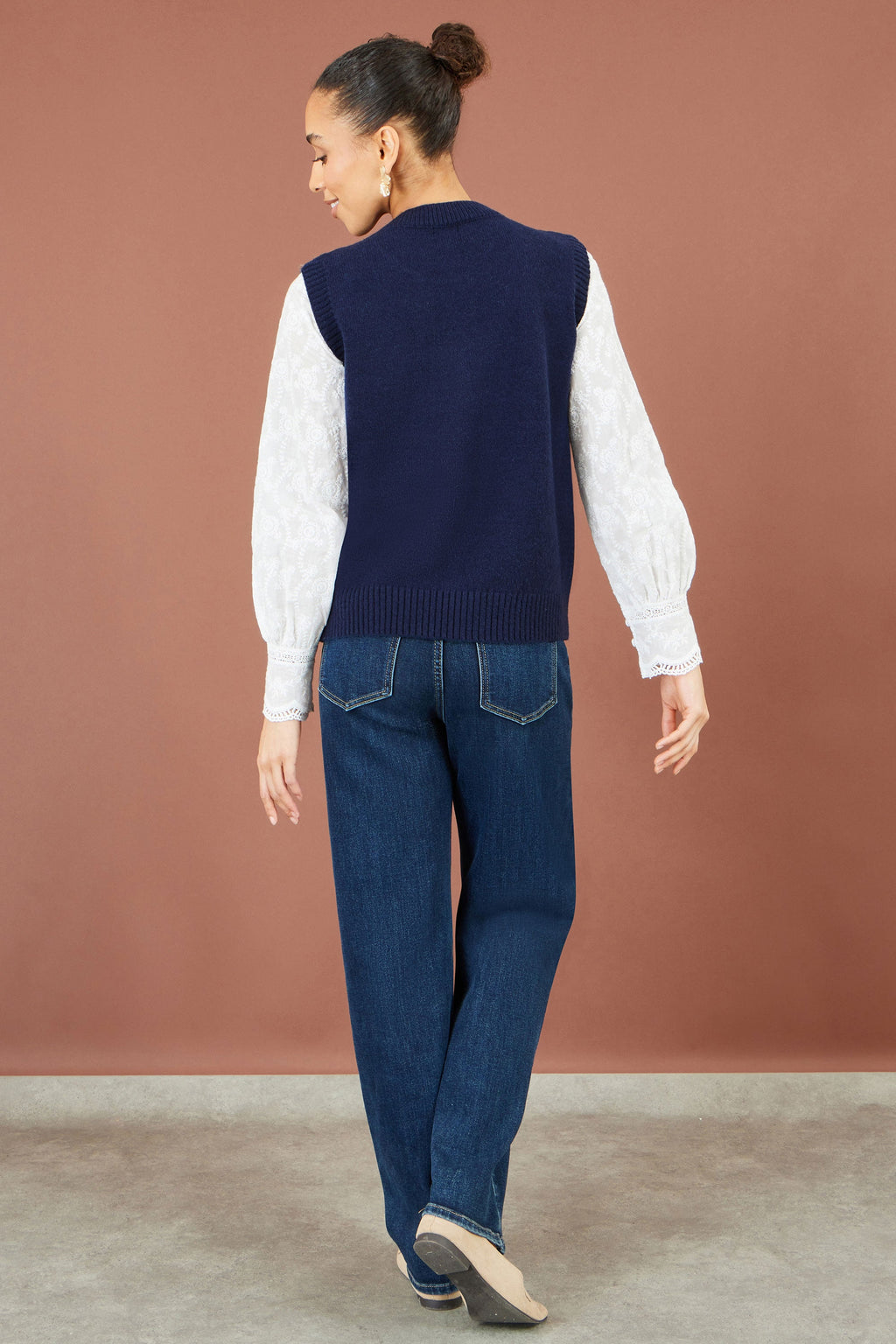 Yumi Navy Knitted Flower Sleeveless Jumper Vest