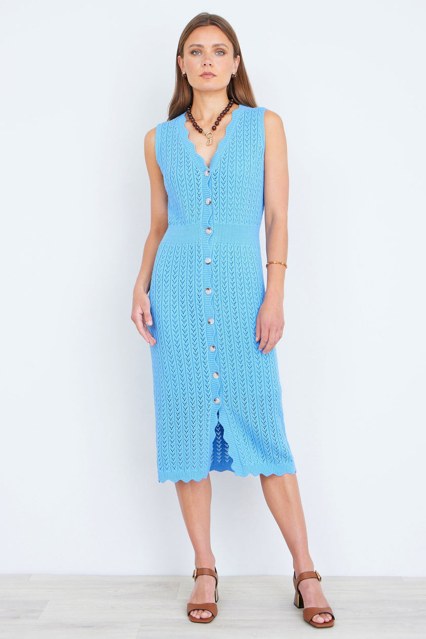 Yumi Blue Scallop Edge Crochet Knitted Midi Dress