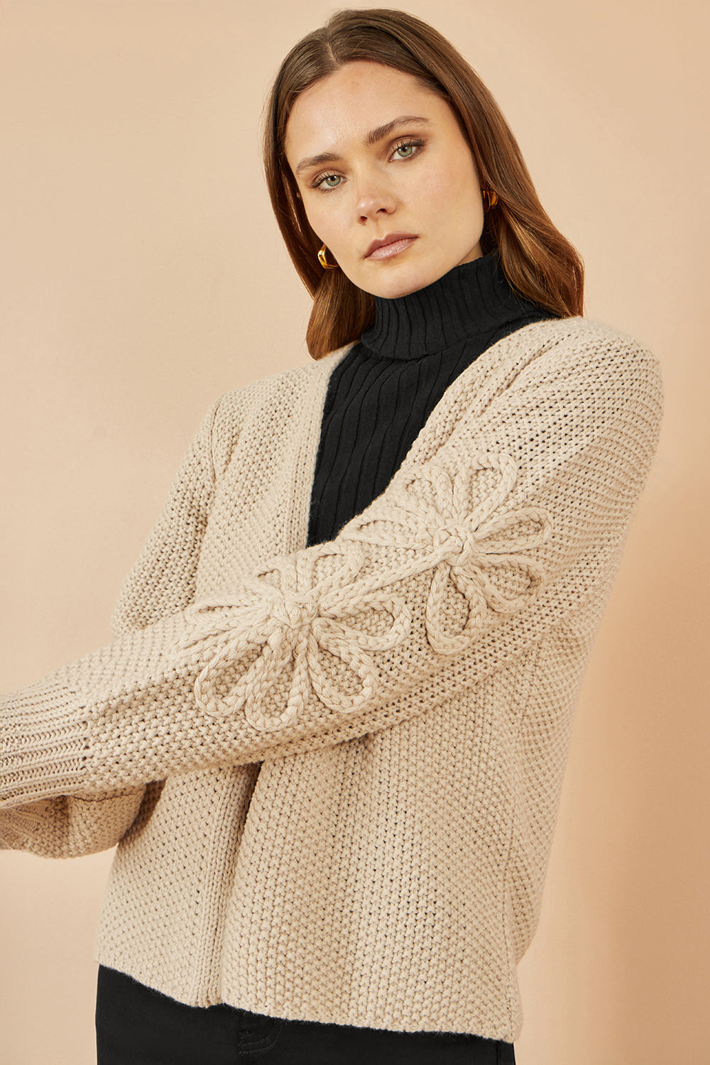 Yumi Beige Edge to Edge Cardigan With Flower Detail Sleeves