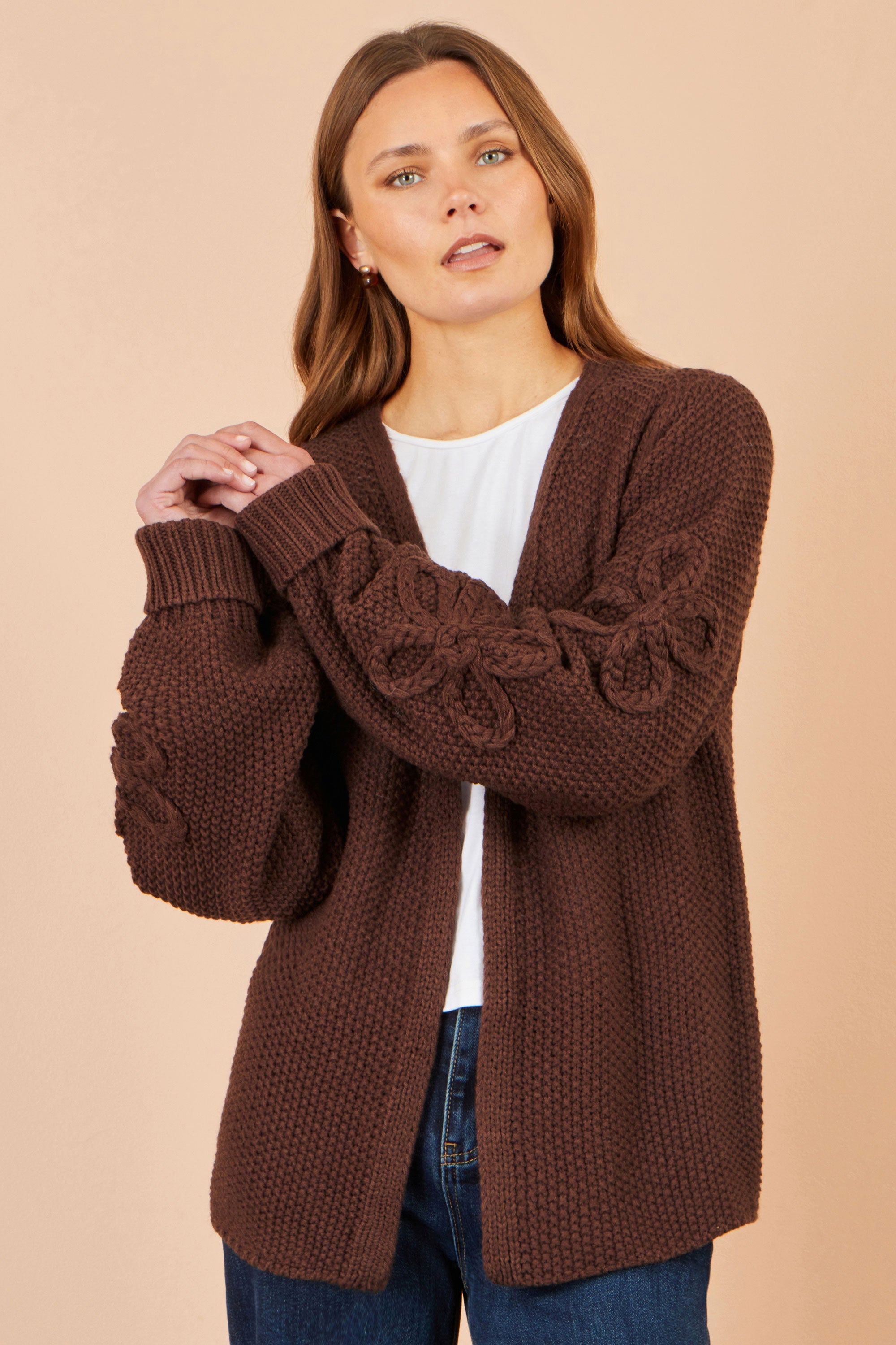 Yumi Brown Cardigan With Flower Detail Sleeves