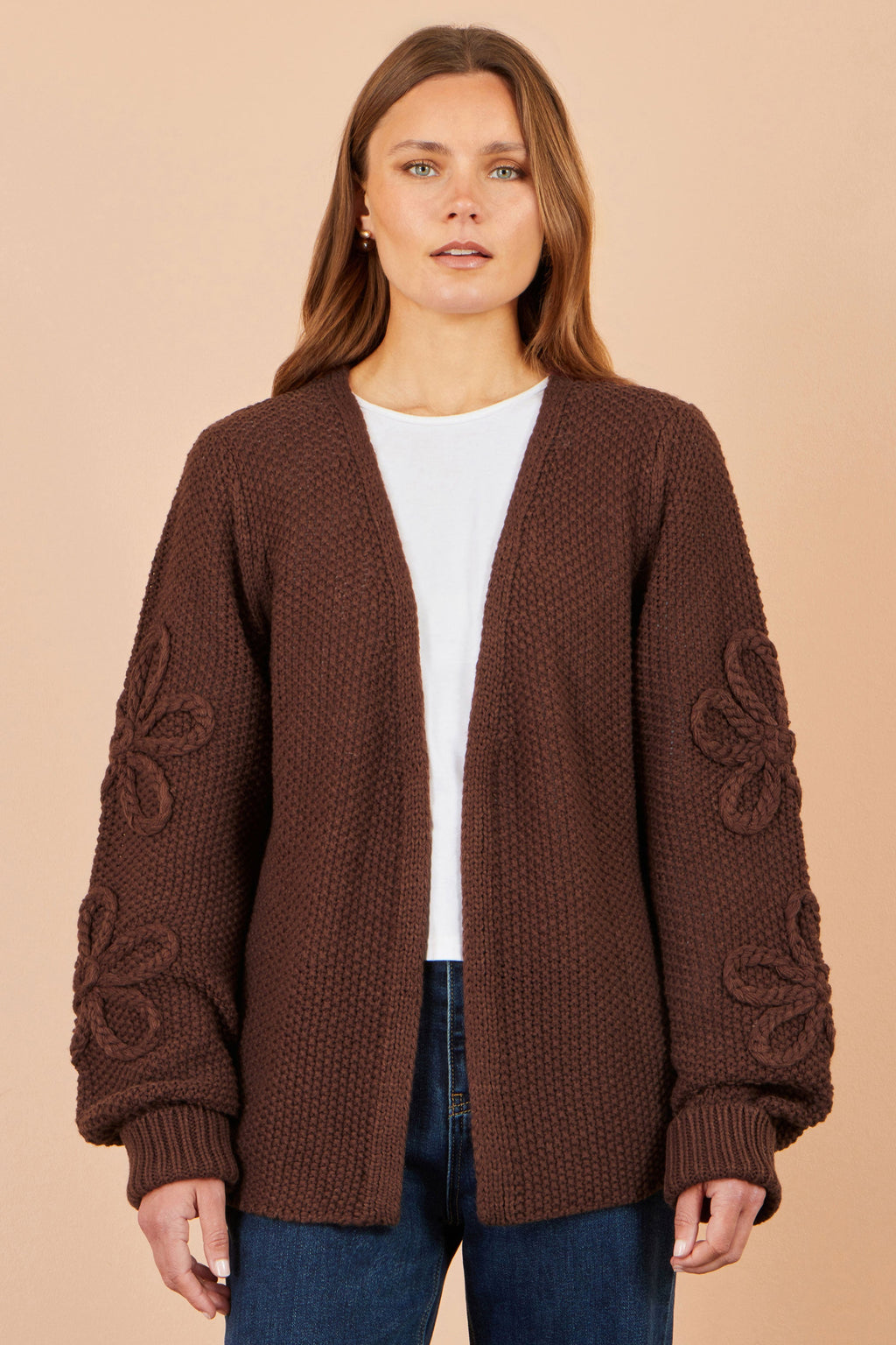 Yumi Brown Cardigan With Flower Detail Sleeves