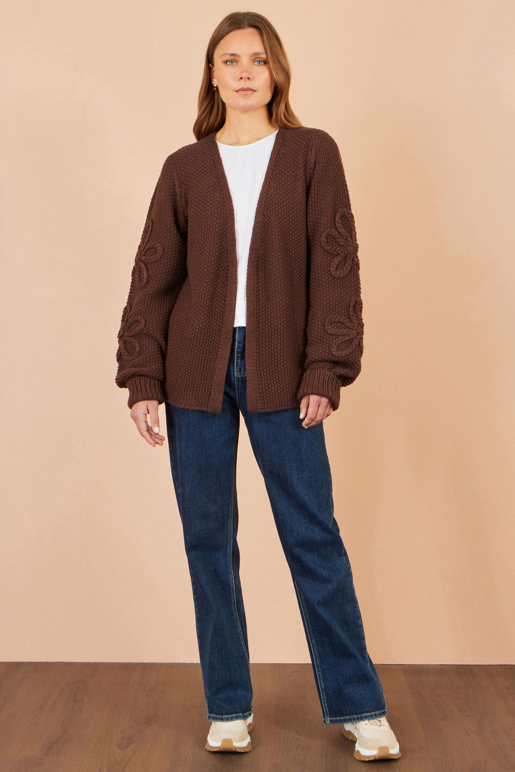 Yumi Brown Cardigan With Flower Detail Sleeves