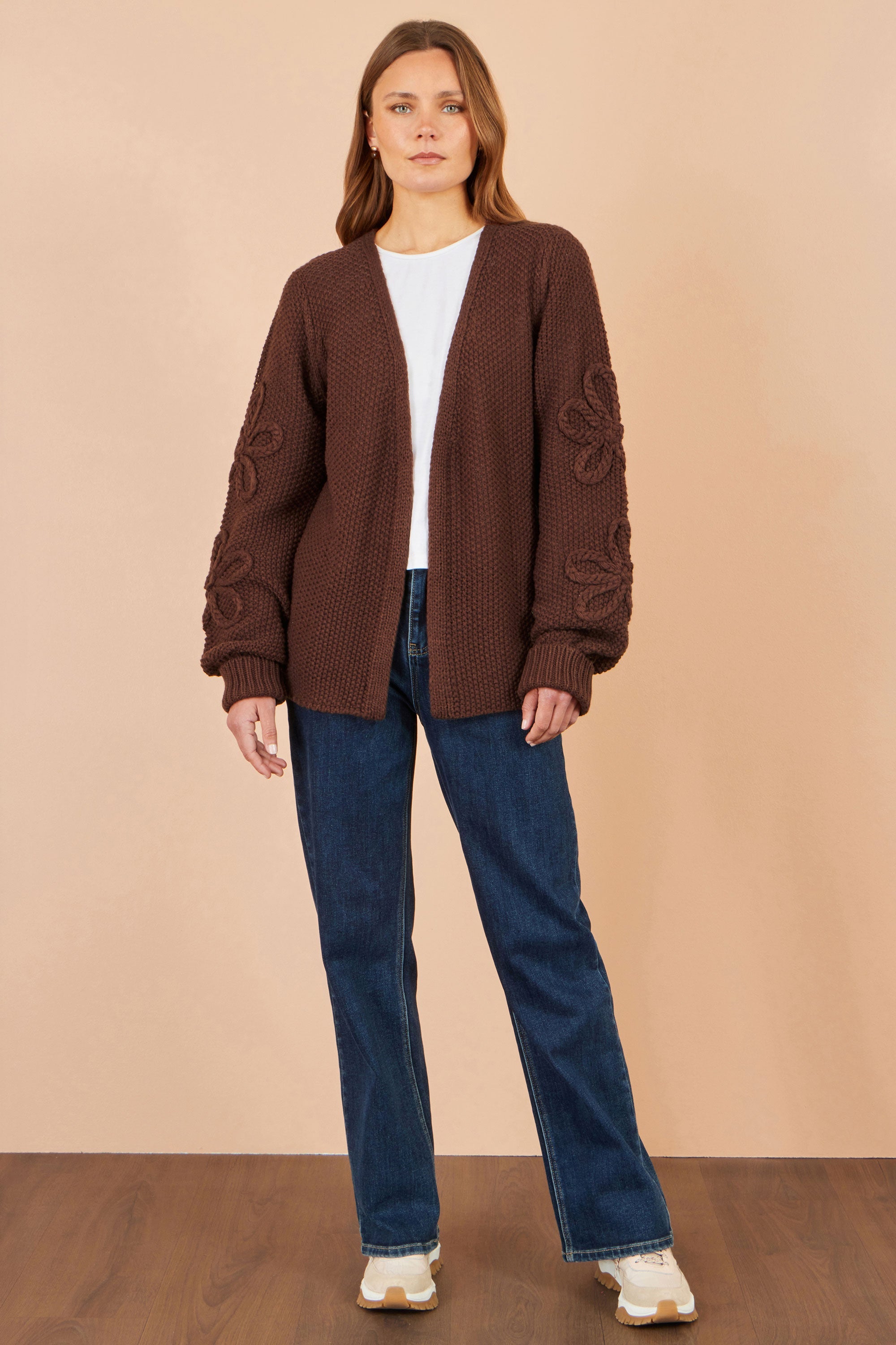 Yumi Brown Cardigan With Flower Detail Sleeves