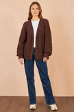 Yumi Brown Cardigan With Flower Detail Sleeves
