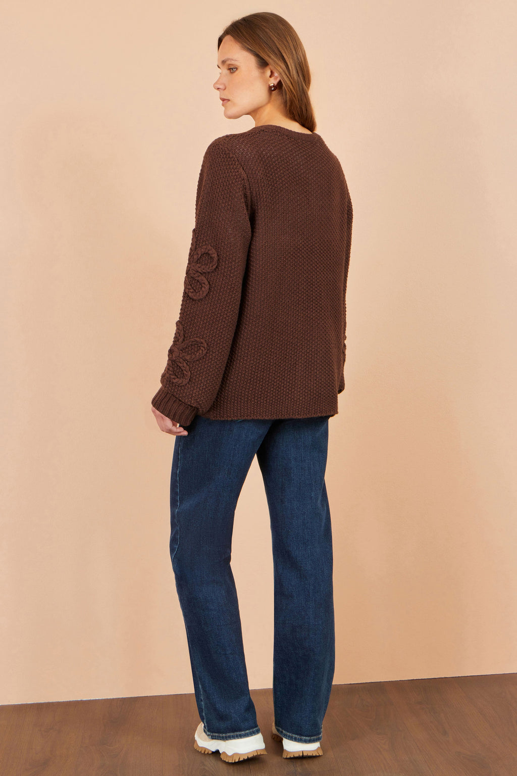 Yumi Brown Cardigan With Flower Detail Sleeves