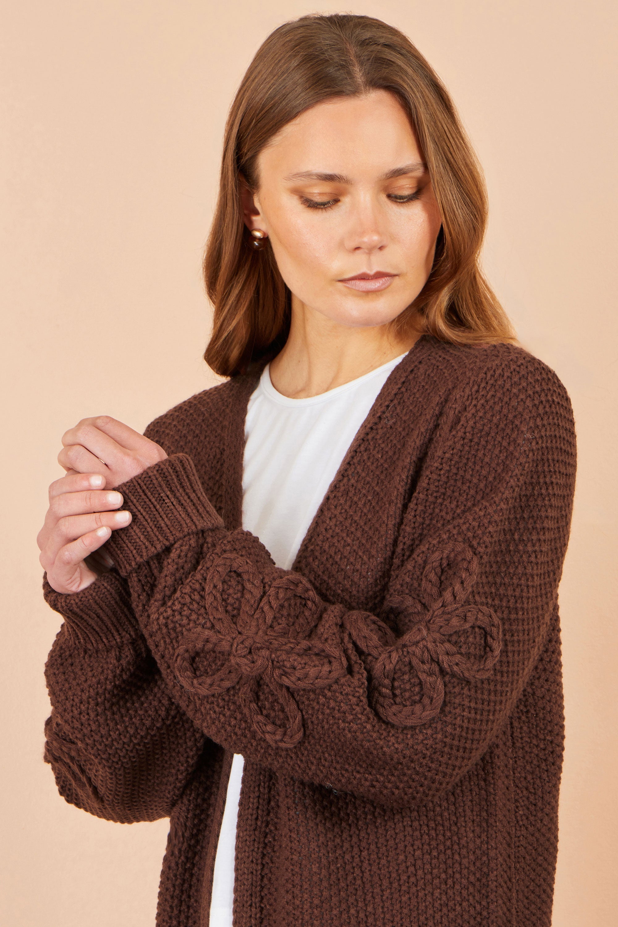 Yumi Brown Cardigan With Flower Detail Sleeves